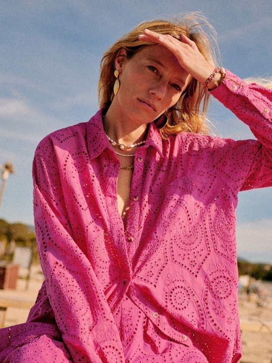 Sezane Tops - NWT SEZANE Max Magenta Pink Eyelet Long Sleeve Button-Up Shirt, US 6 / FR 38
